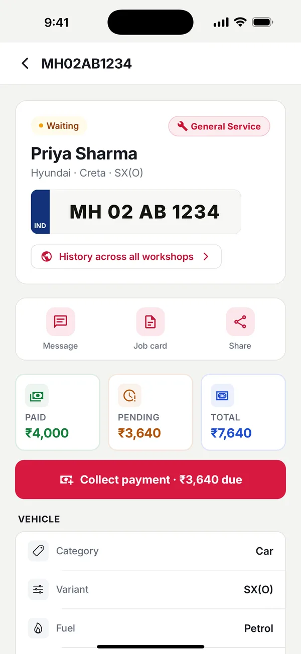 A job card in AutoMS